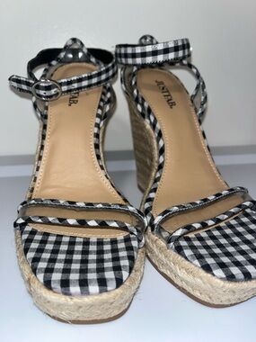 JustFab Black & White Gingham Espadrille Wedge Sandals